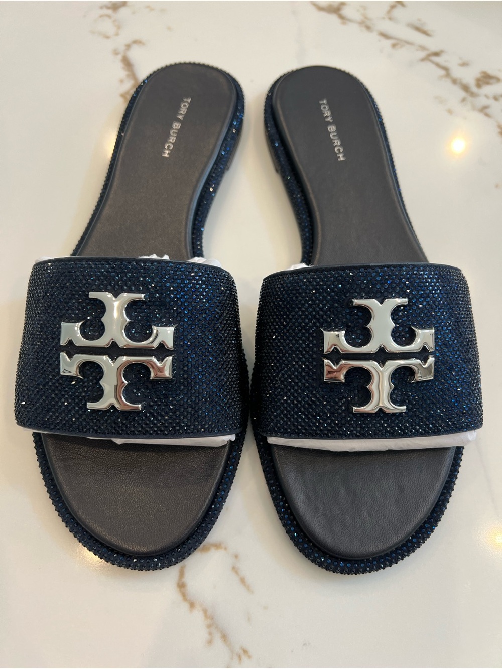 Tory Burch Navy Crystal Logo Slide Sandals
